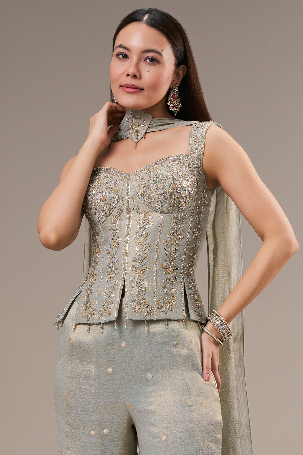 Mint Blue Silk Jumpsuit with Mirror and Zardosi Work