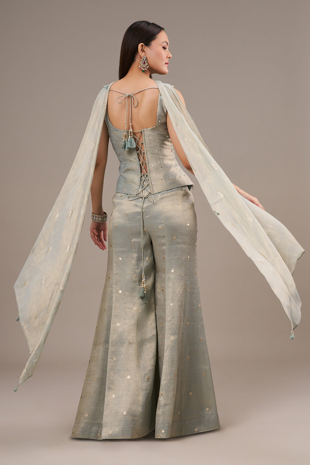 Mint Blue Silk Jumpsuit with Mirror and Zardosi Work
