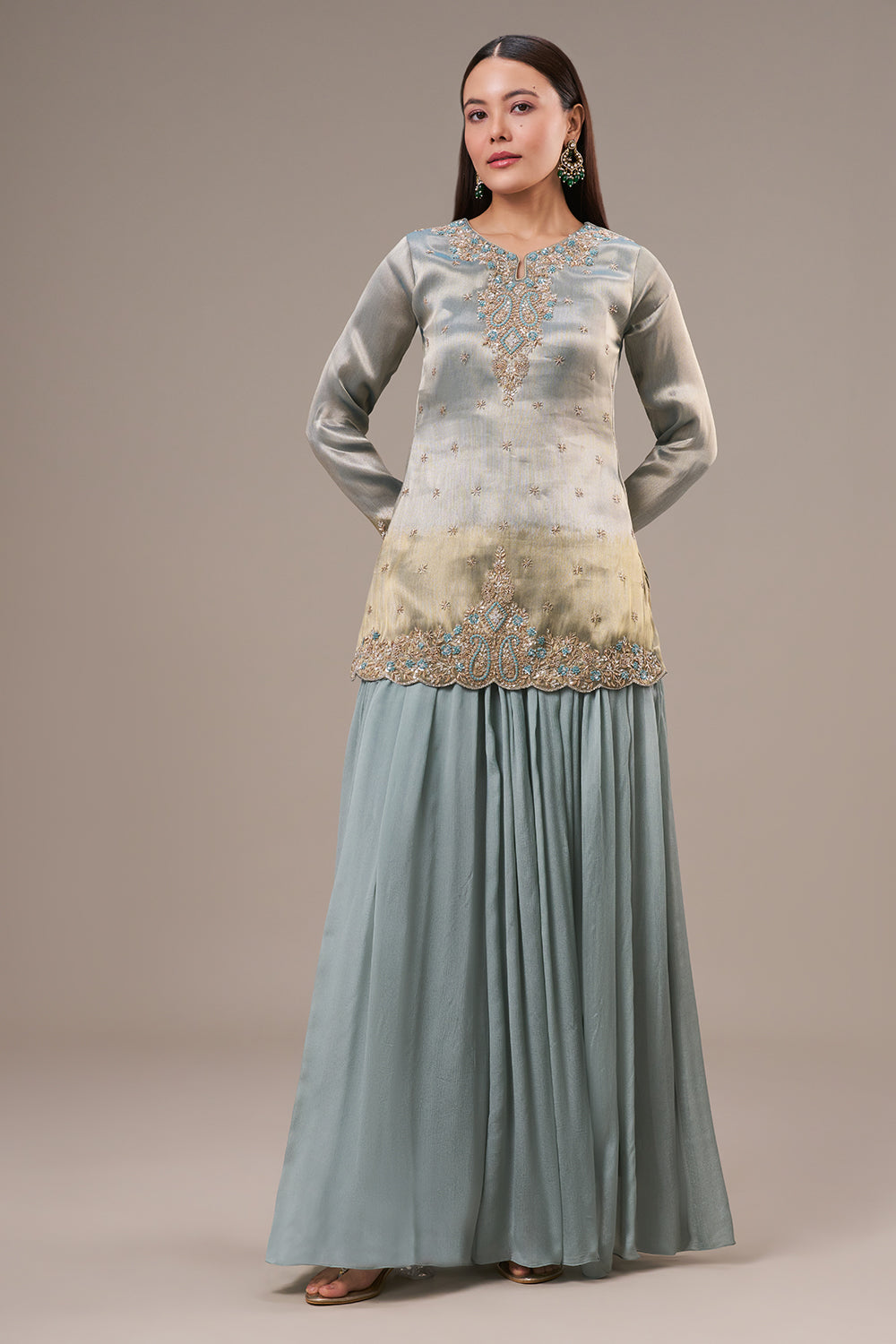 Mint Blue Tissue Palazzo Suit with Resham and Zardosi Work