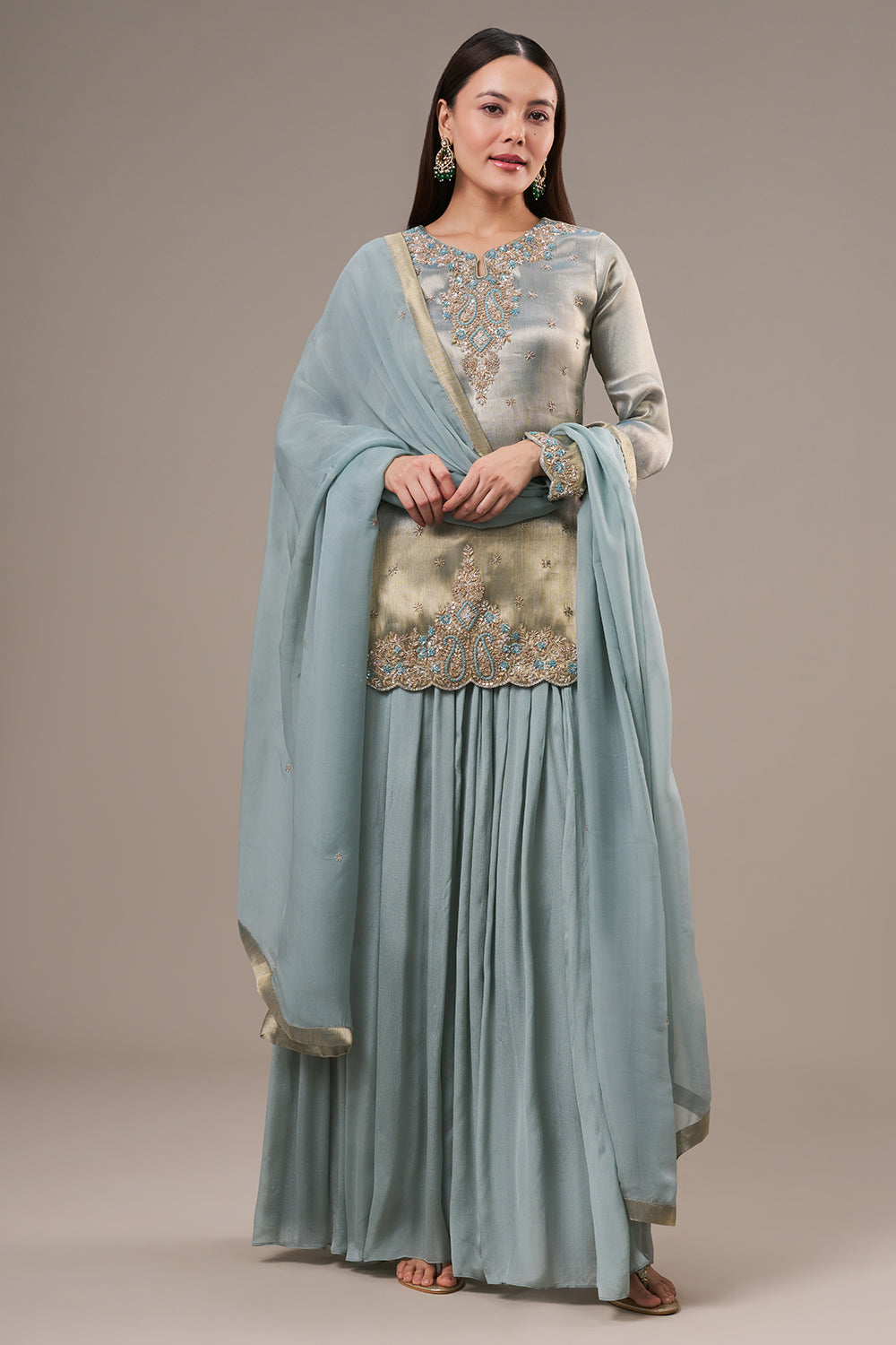 Mint Blue Tissue Palazzo Suit with Resham and Zardosi Work