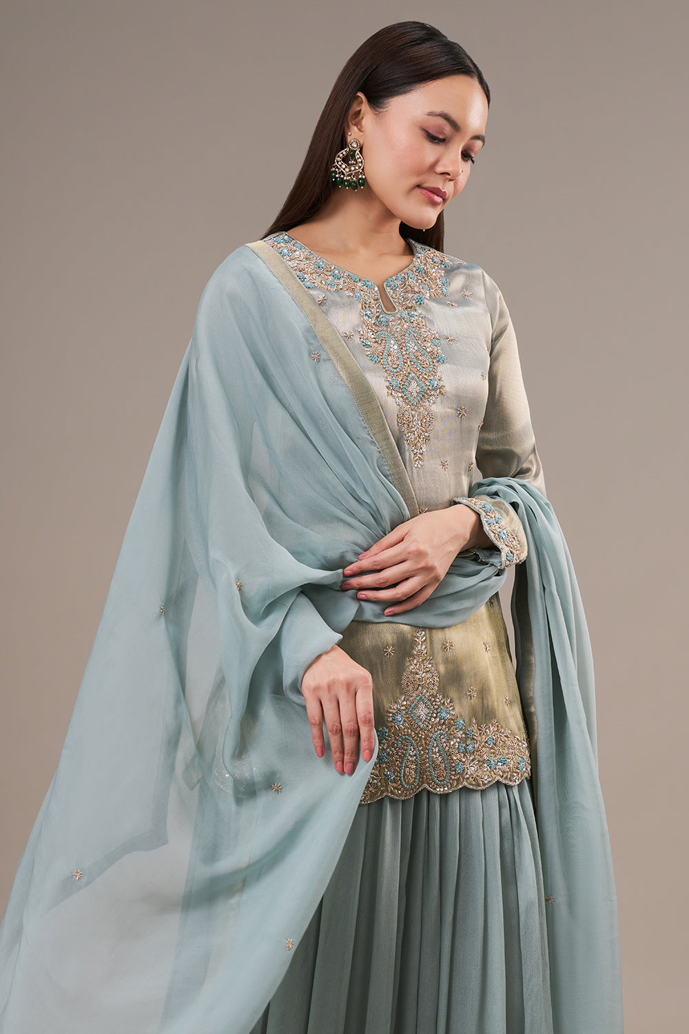 Mint Blue Tissue Palazzo Suit with Resham and Zardosi Work