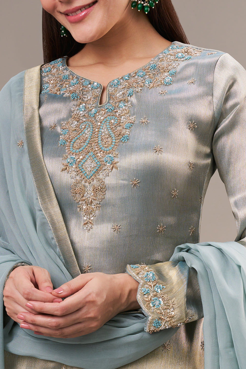 Mint Blue Tissue Palazzo Suit with Resham and Zardosi Work