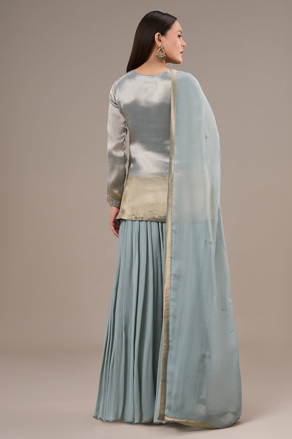 Mint Blue Tissue Palazzo Suit with Resham and Zardosi Work