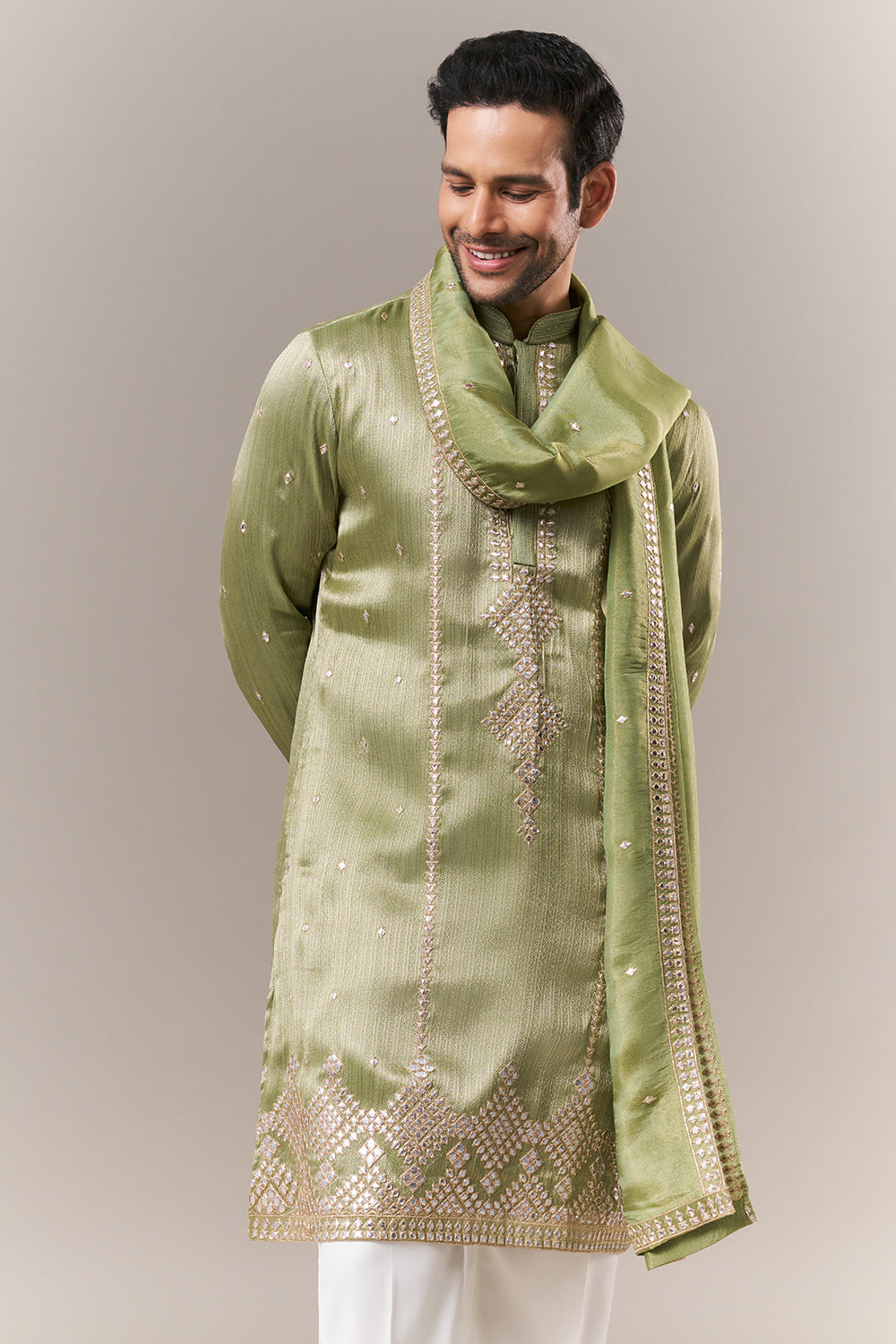 Mint Green Brocade Mens Kurta Set with Mirror Work
