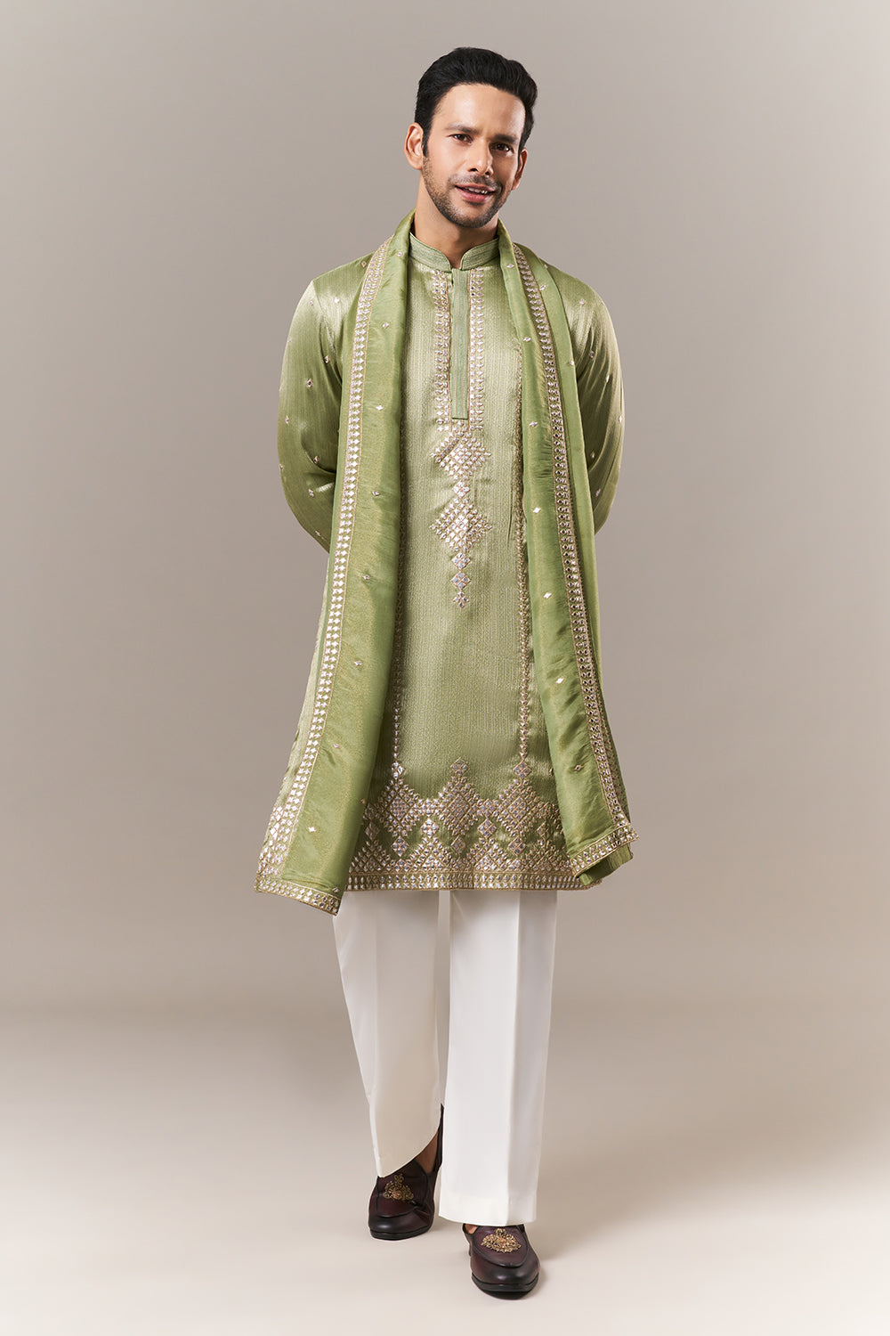 Mint Green Brocade Mens Kurta Set with Mirror Work