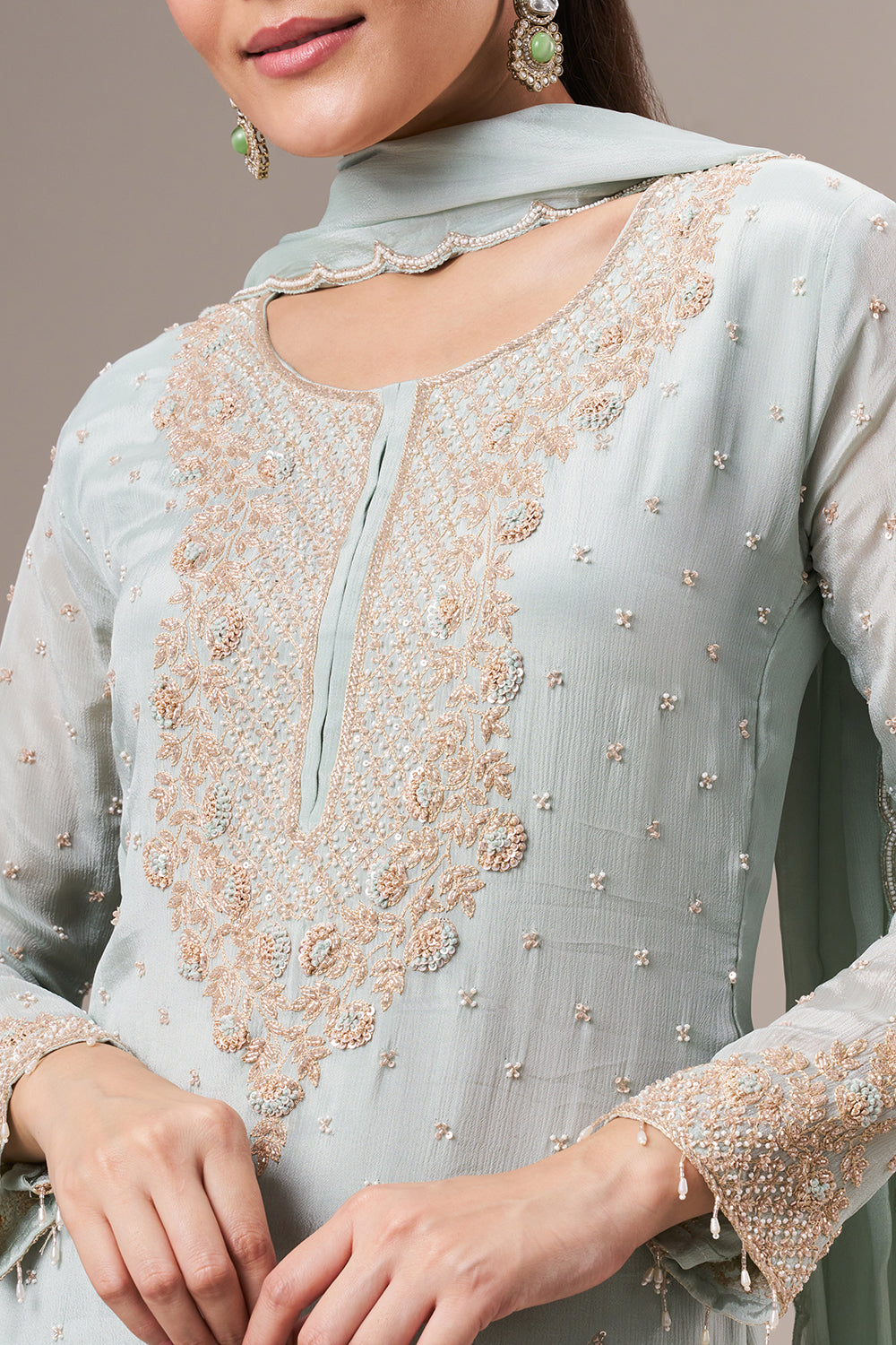 Mint Green Chinon Sharara Suit with Resham and Cutdana Work