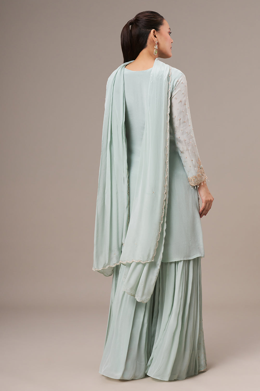 Mint Green Chinon Sharara Suit with Resham and Cutdana Work