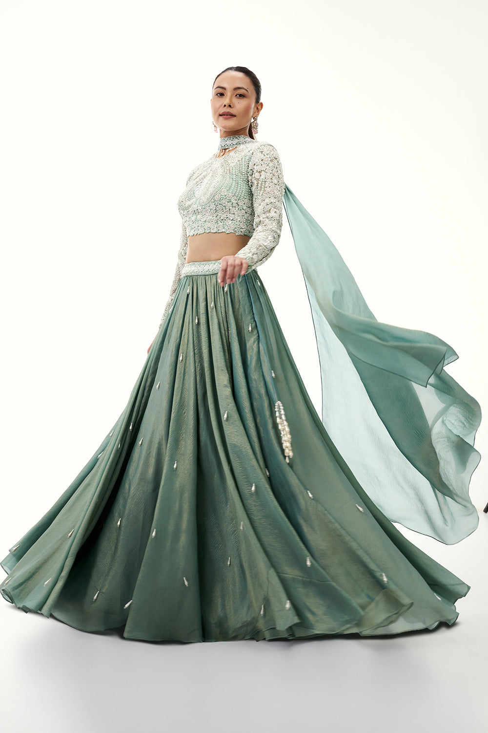 Mint Green Crushed Crepe Lehenga with Pearl and Bead Embellishments