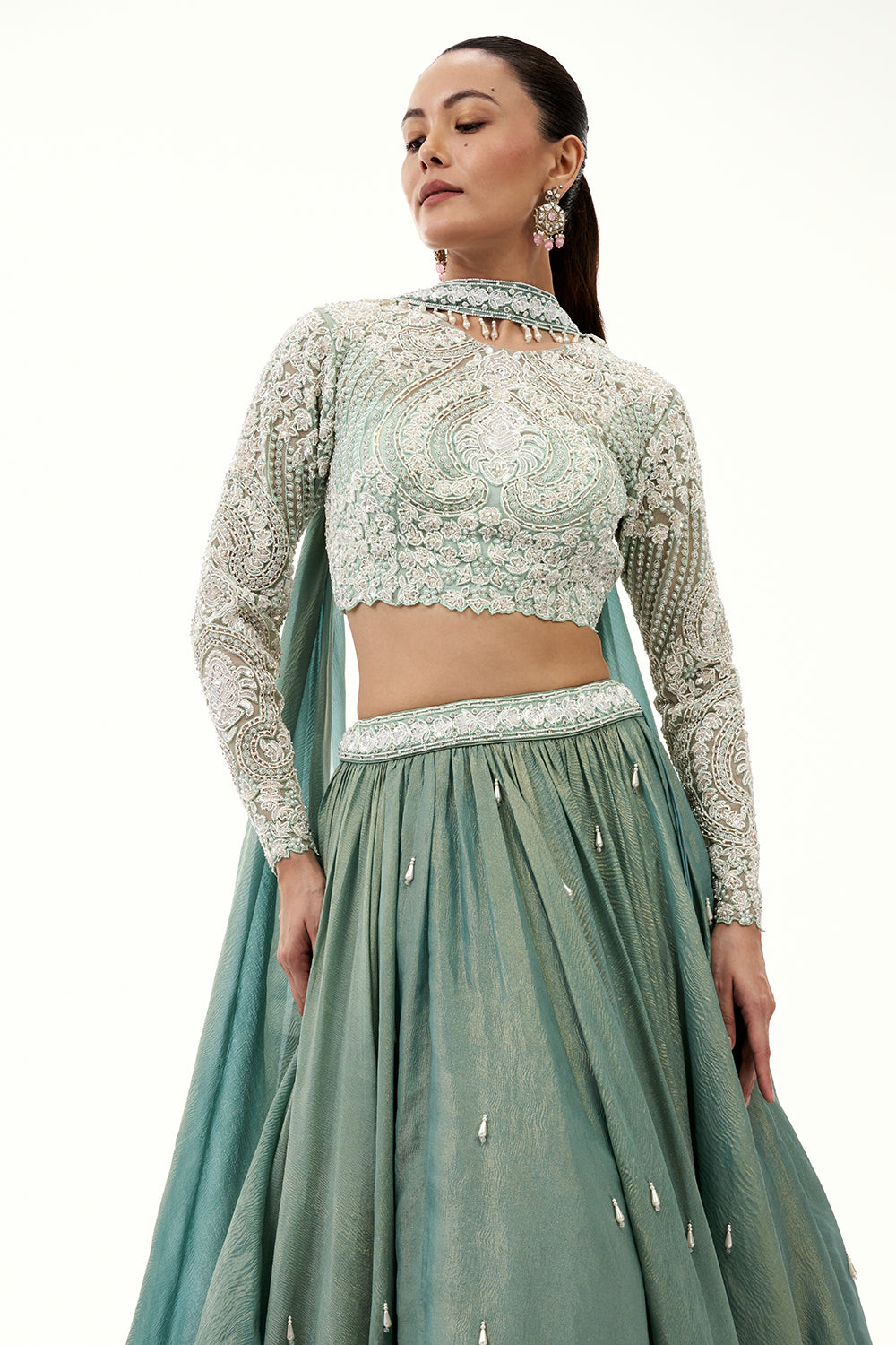 Mint Green Crushed Crepe Lehenga with Pearl and Bead Embellishments