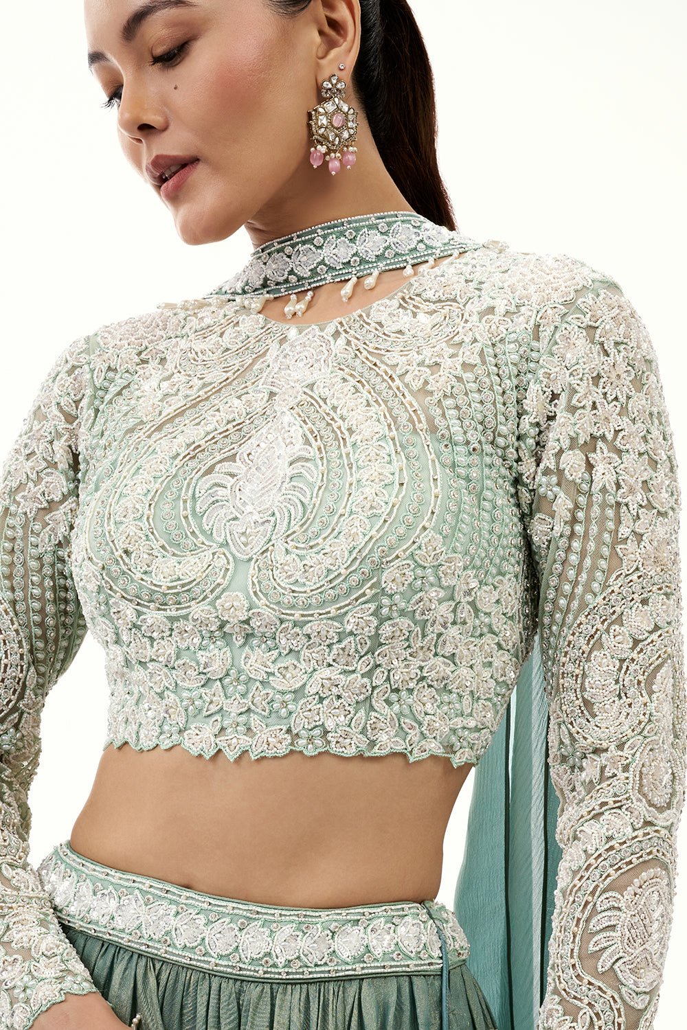 Mint Green Crushed Crepe Lehenga with Pearl and Bead Embellishments
