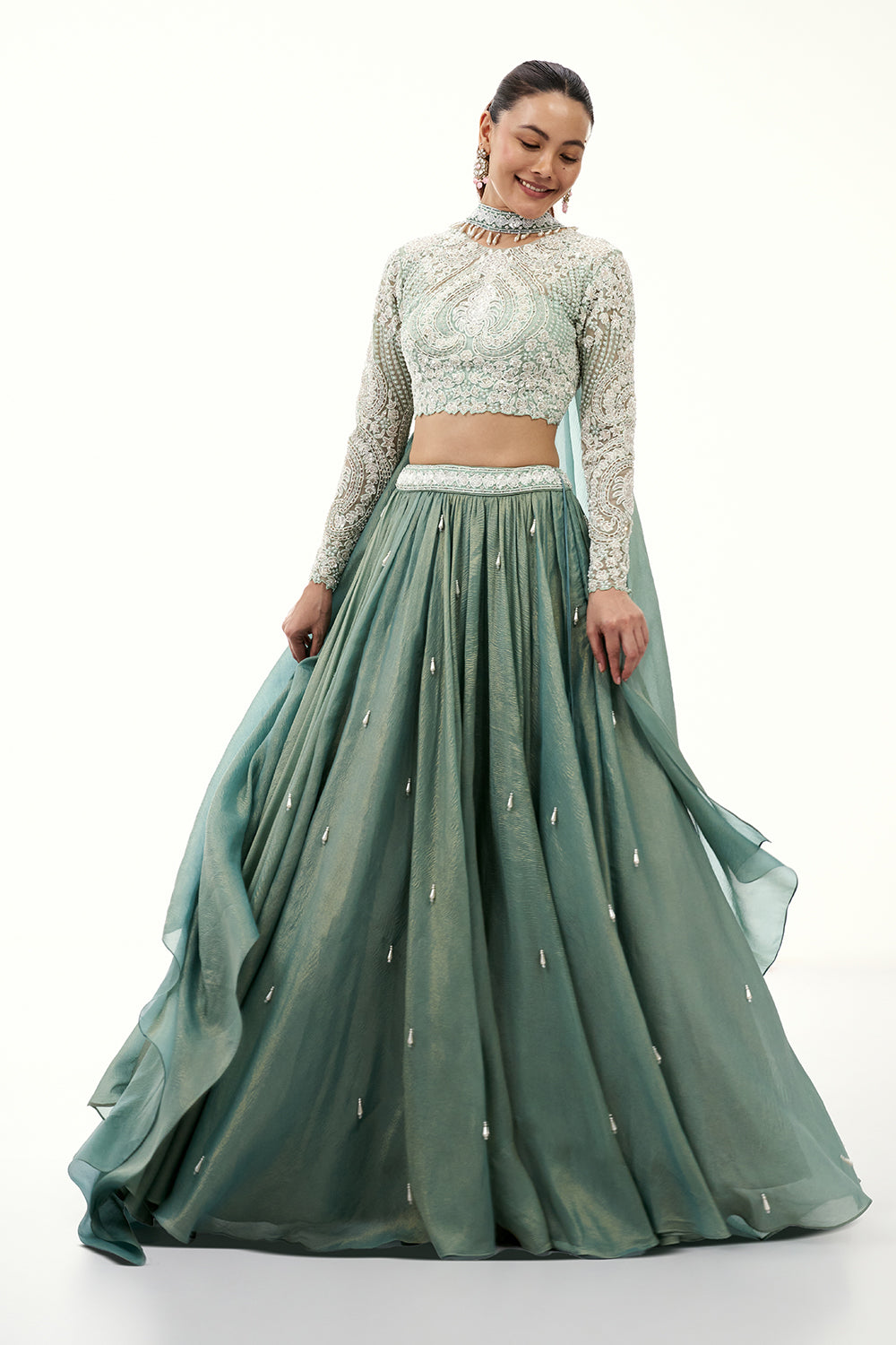 Mint Green Crushed Crepe Lehenga with Pearl and Bead Embellishments