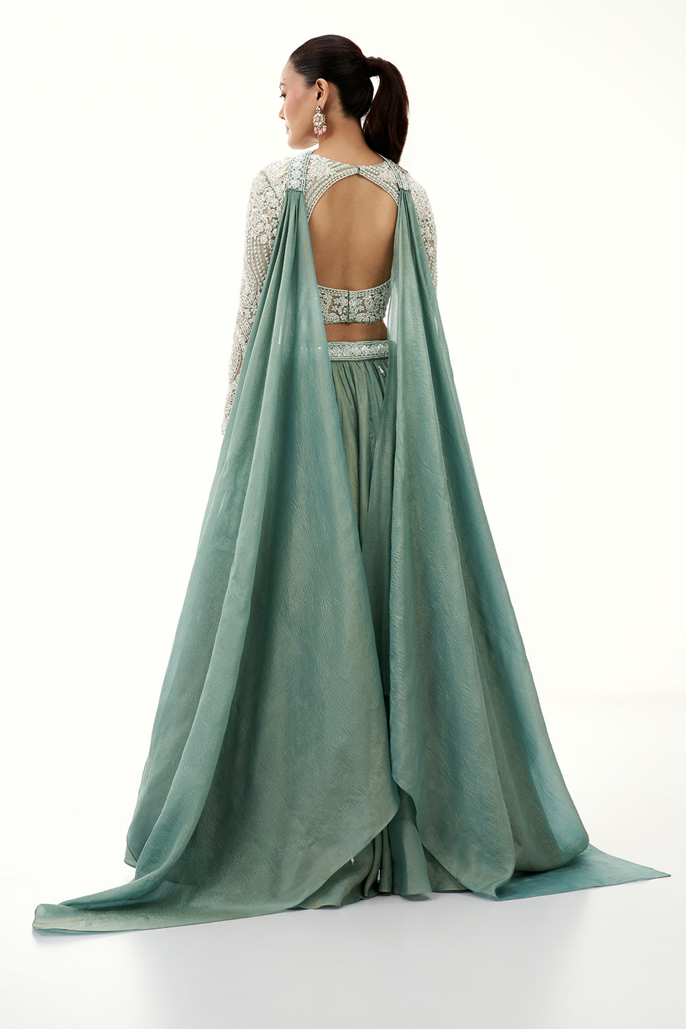 Mint Green Crushed Crepe Lehenga with Pearl and Bead Embellishments