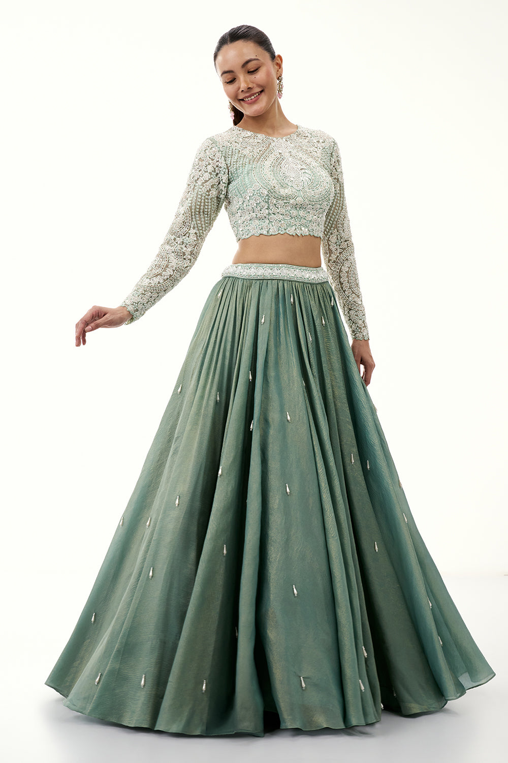 Mint Green Crushed Crepe Lehenga with Pearl and Bead Embellishments