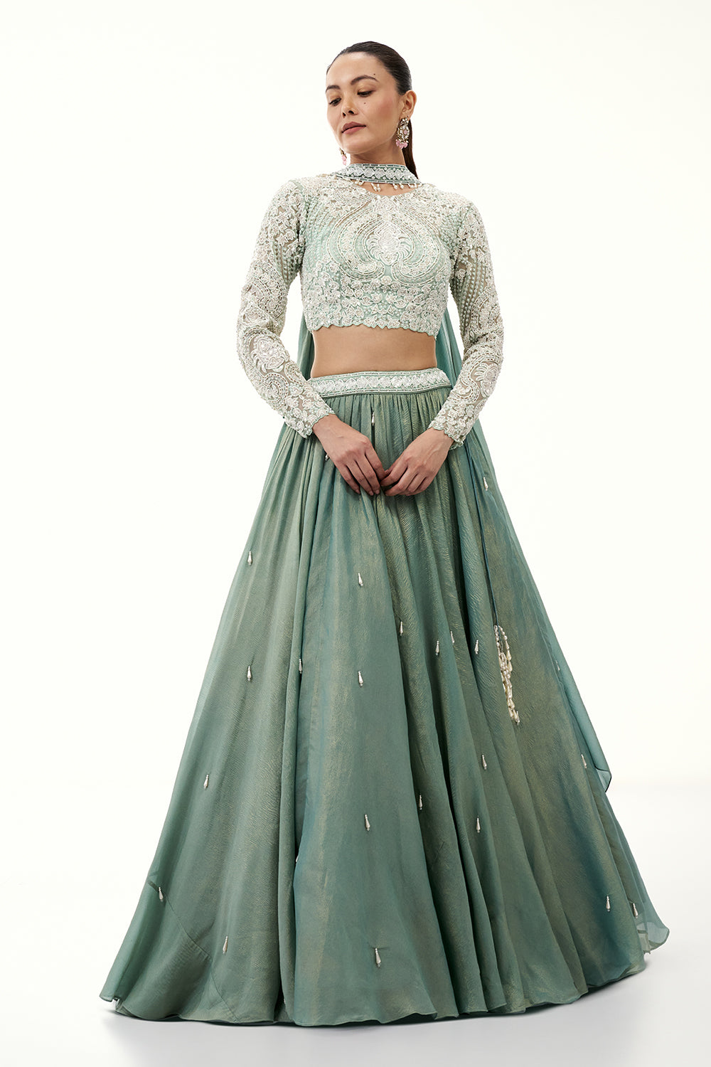 Mint Green Crushed Crepe Lehenga with Pearl and Bead Embellishments