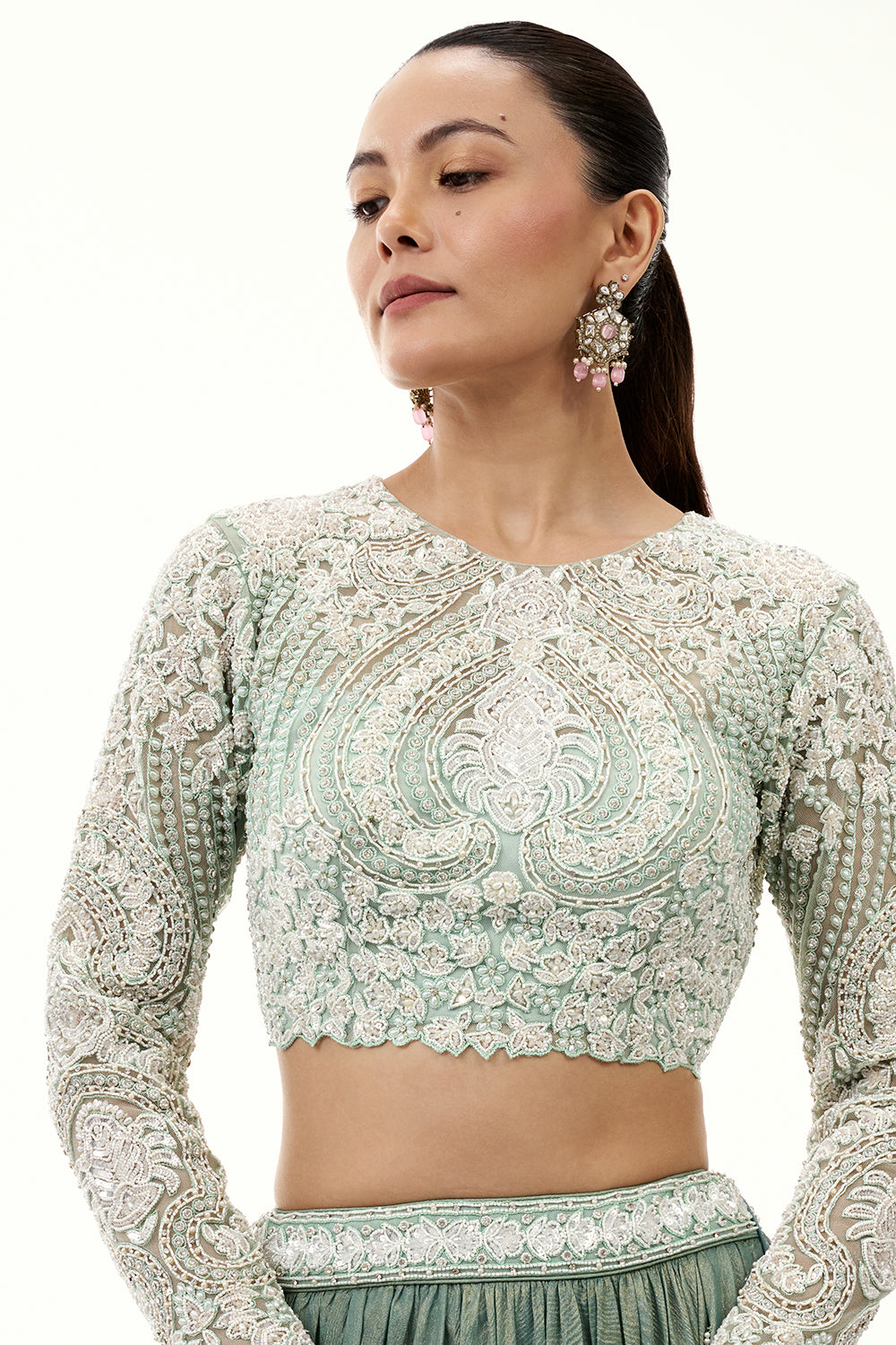 Mint Green Crushed Crepe Lehenga with Pearl and Bead Embellishments