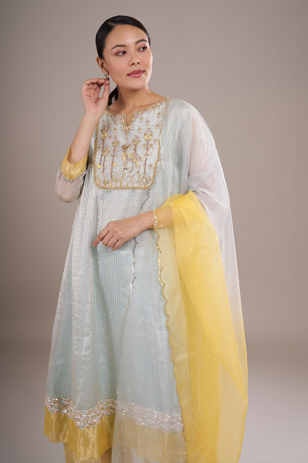 Mint Green Organza Silk A-Line Suit with Sequin Work