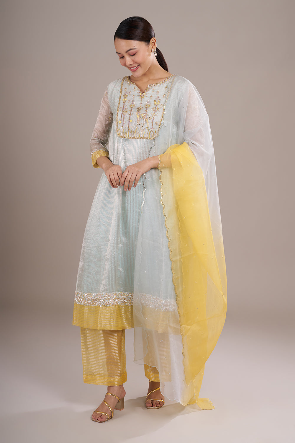 Mint Green Organza Silk A-Line Suit with Sequin Work