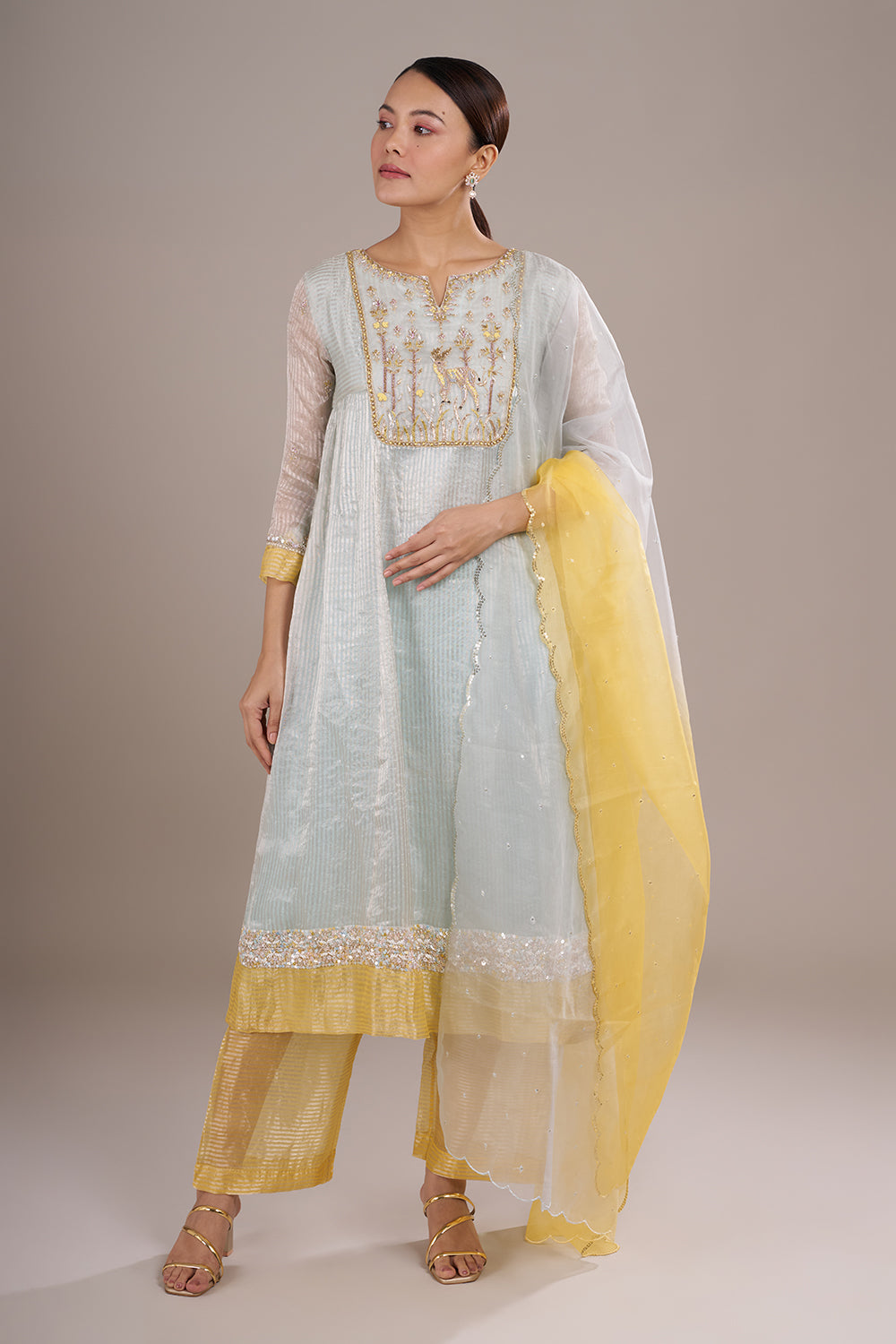 Mint Green Organza Silk A-Line Suit with Sequin Work