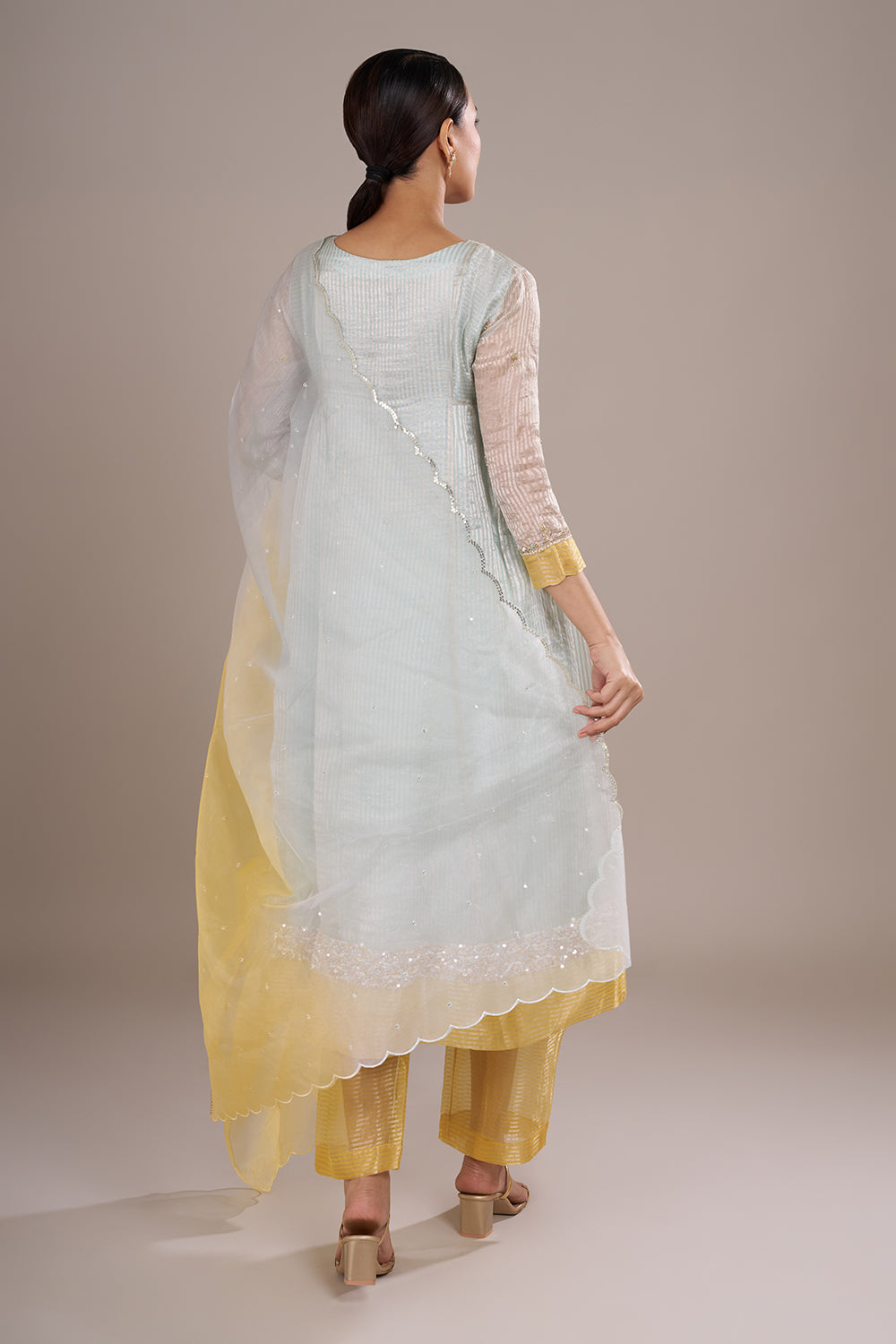 Mint Green Organza Silk A-Line Suit with Sequin Work