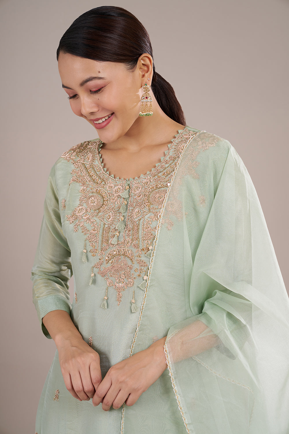 Mint Green Organza Silk Kurta Set with Thread Embroidery