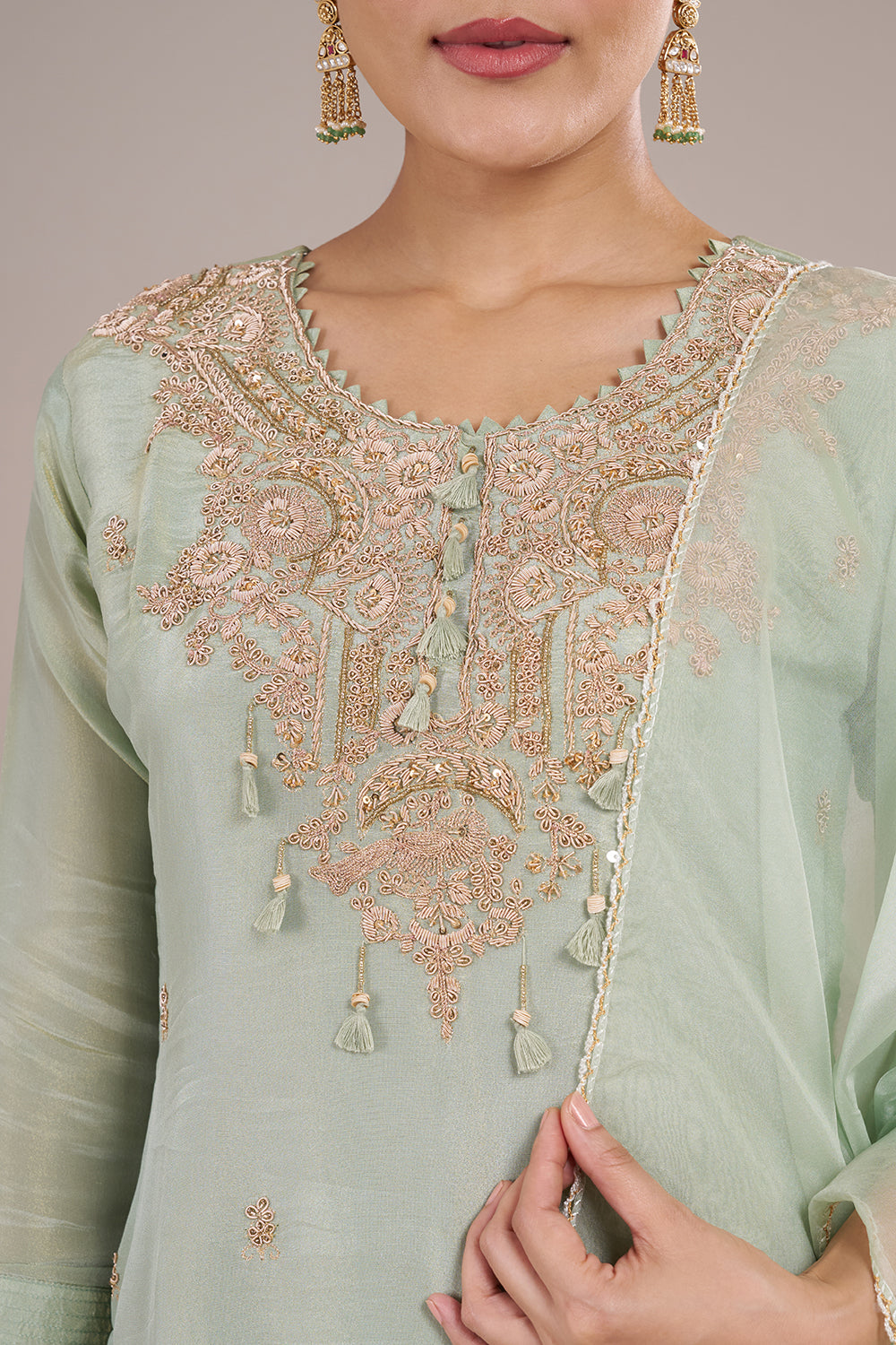 Mint Green Organza Silk Kurta Set with Thread Embroidery