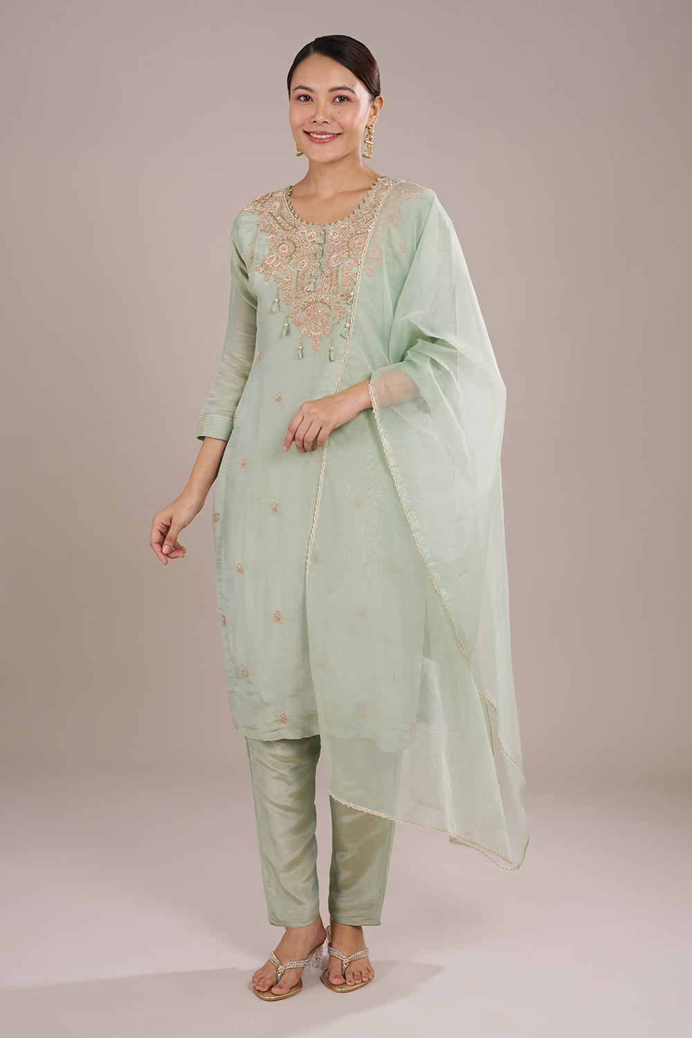 Mint Green Organza Silk Kurta Set with Thread Embroidery