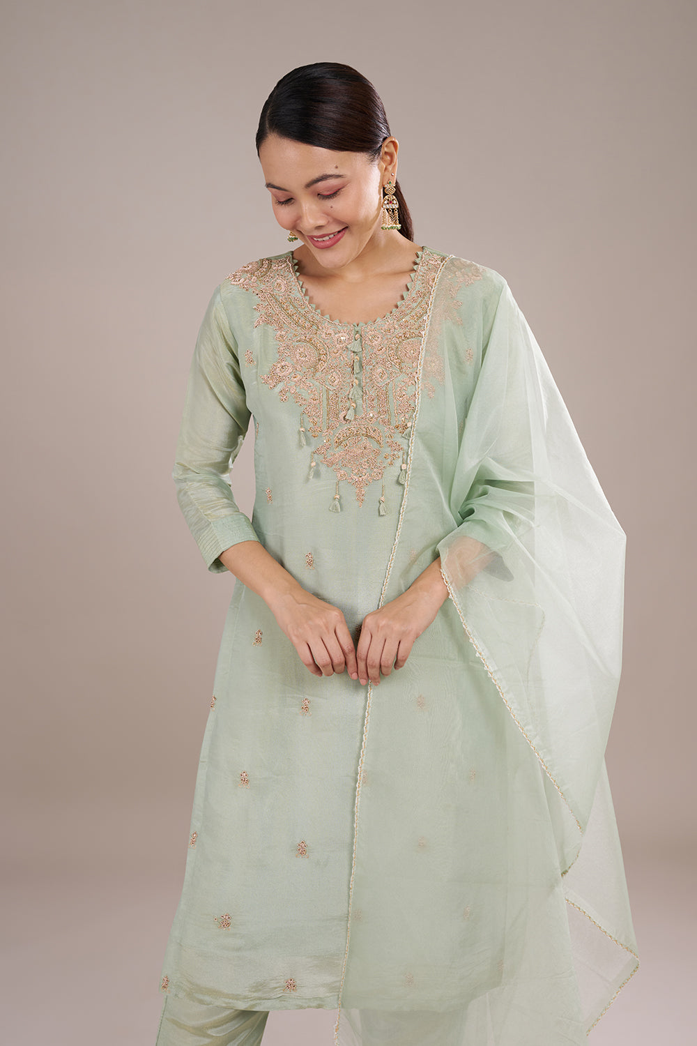 Mint Green Organza Silk Kurta Set with Thread Embroidery