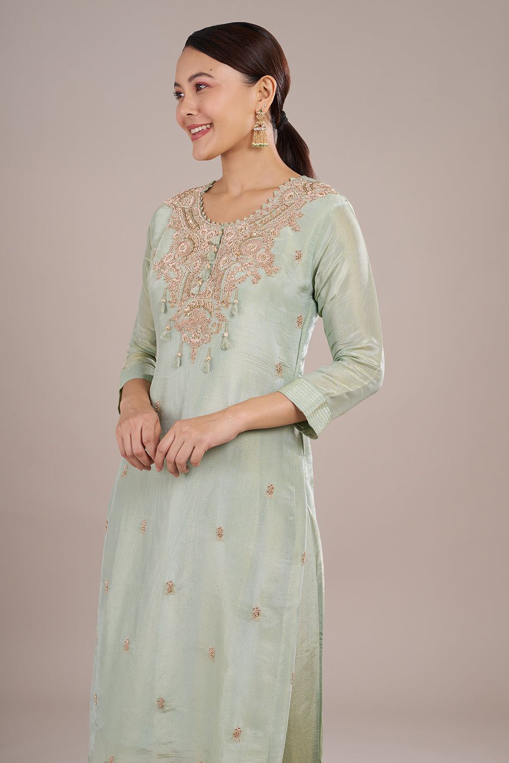Mint Green Organza Silk Kurta Set with Thread Embroidery