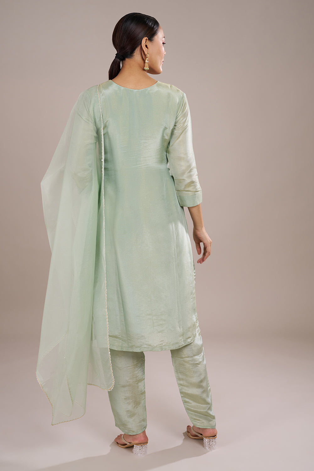 Mint Green Organza Silk Kurta Set with Thread Embroidery