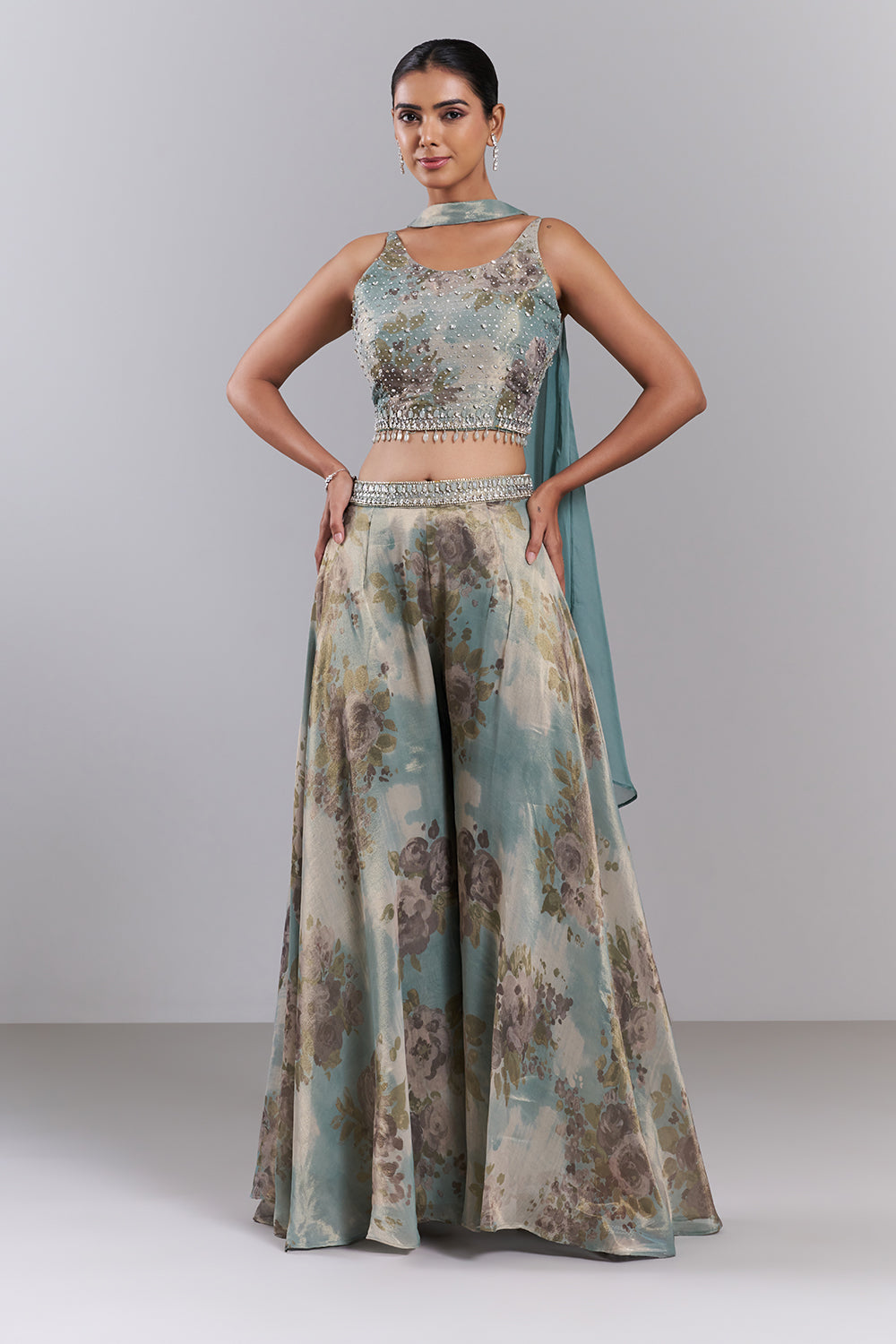 Mint Green Shimmer Organza Printed Palazzo Set