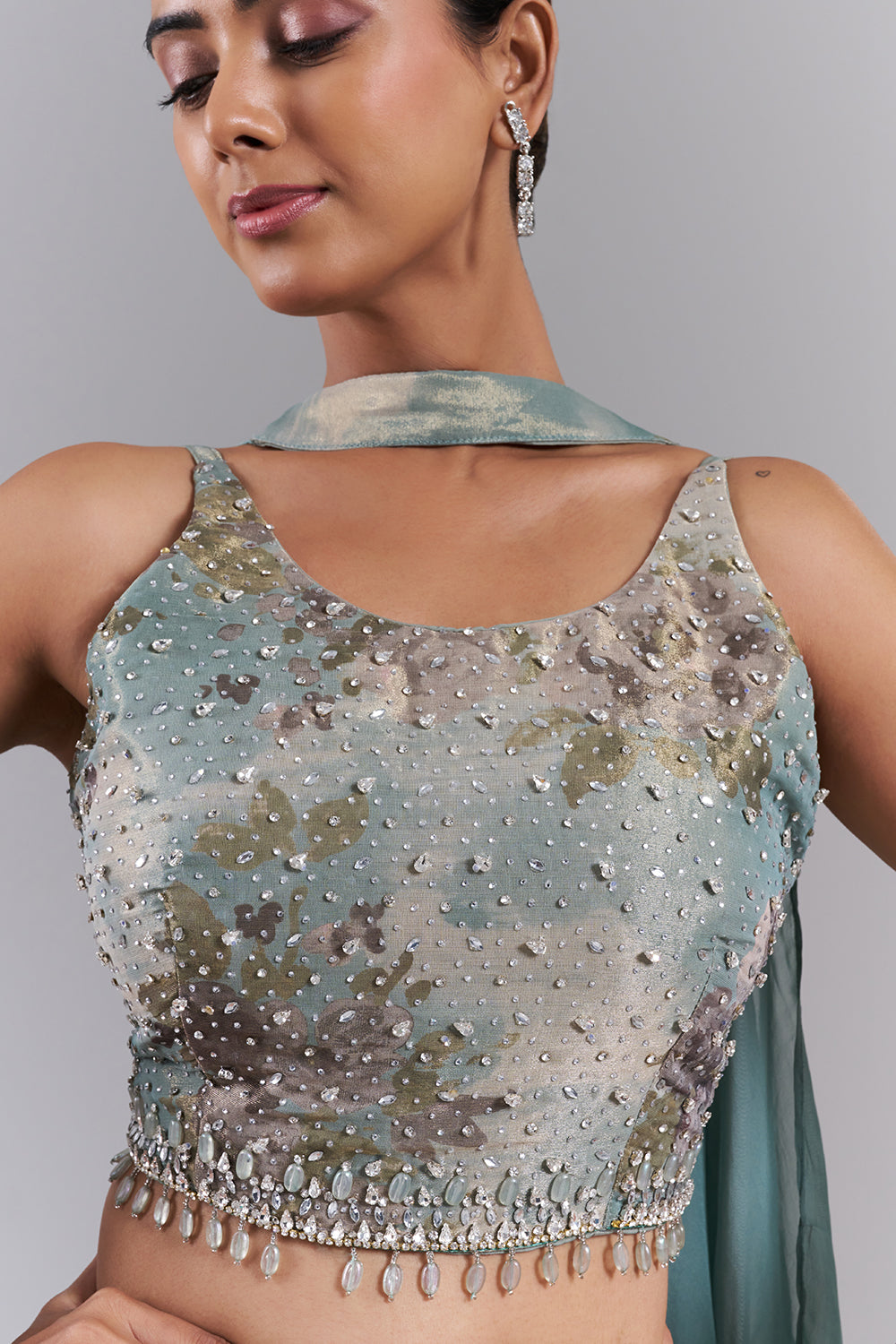 Mint Green Shimmer Organza Printed Palazzo Set