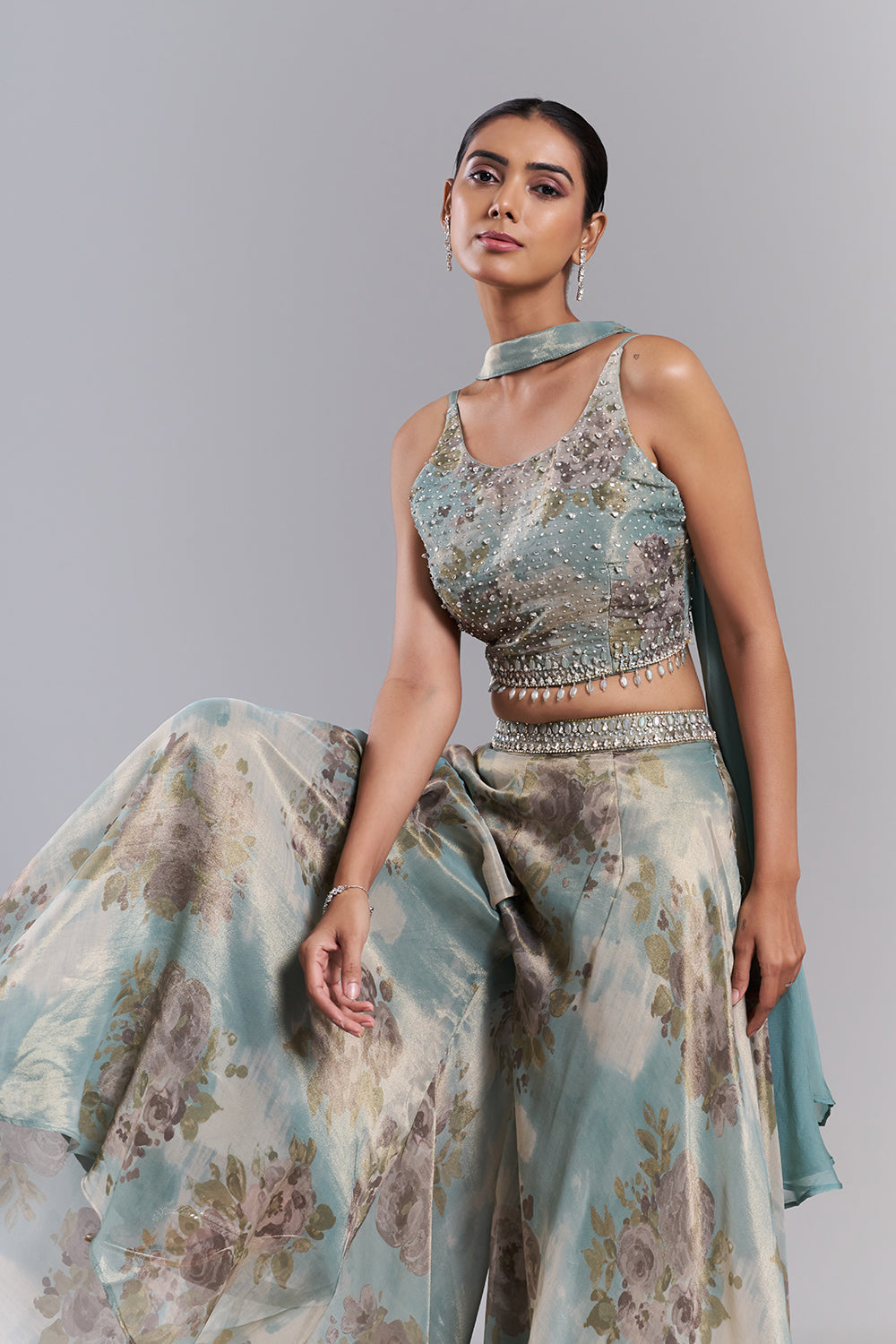 Mint Green Shimmer Organza Printed Palazzo Set