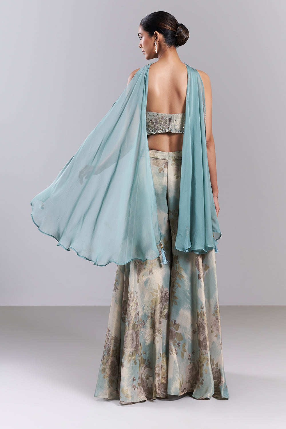 Mint Green Shimmer Organza Printed Palazzo Set