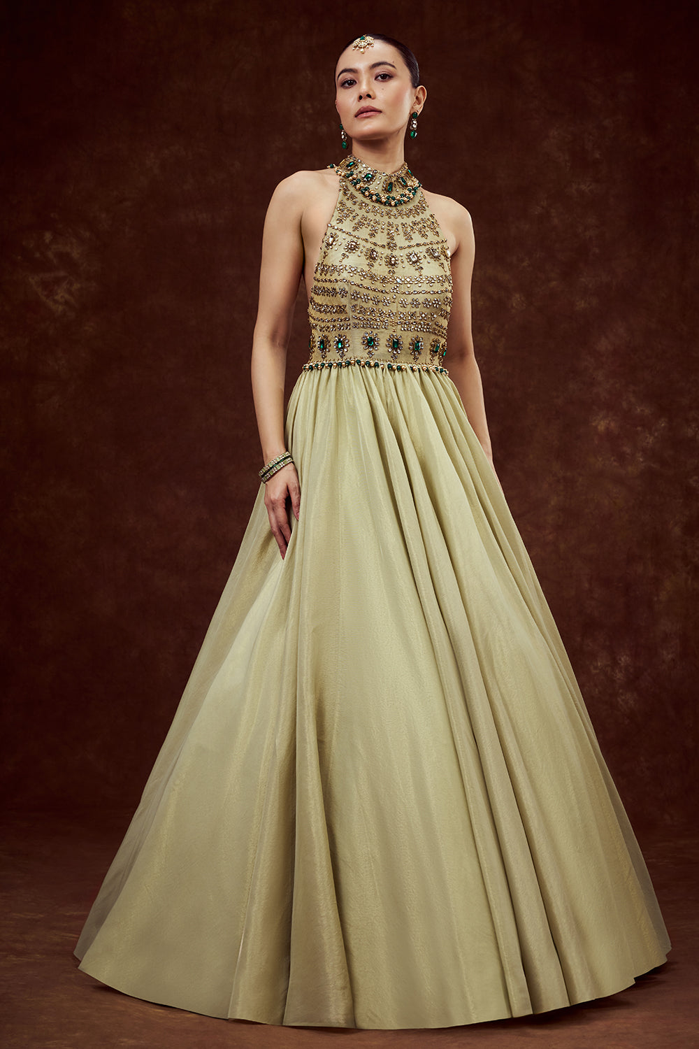Mint Green Shimmer Tissue Gown with Rhinestone Embellishments