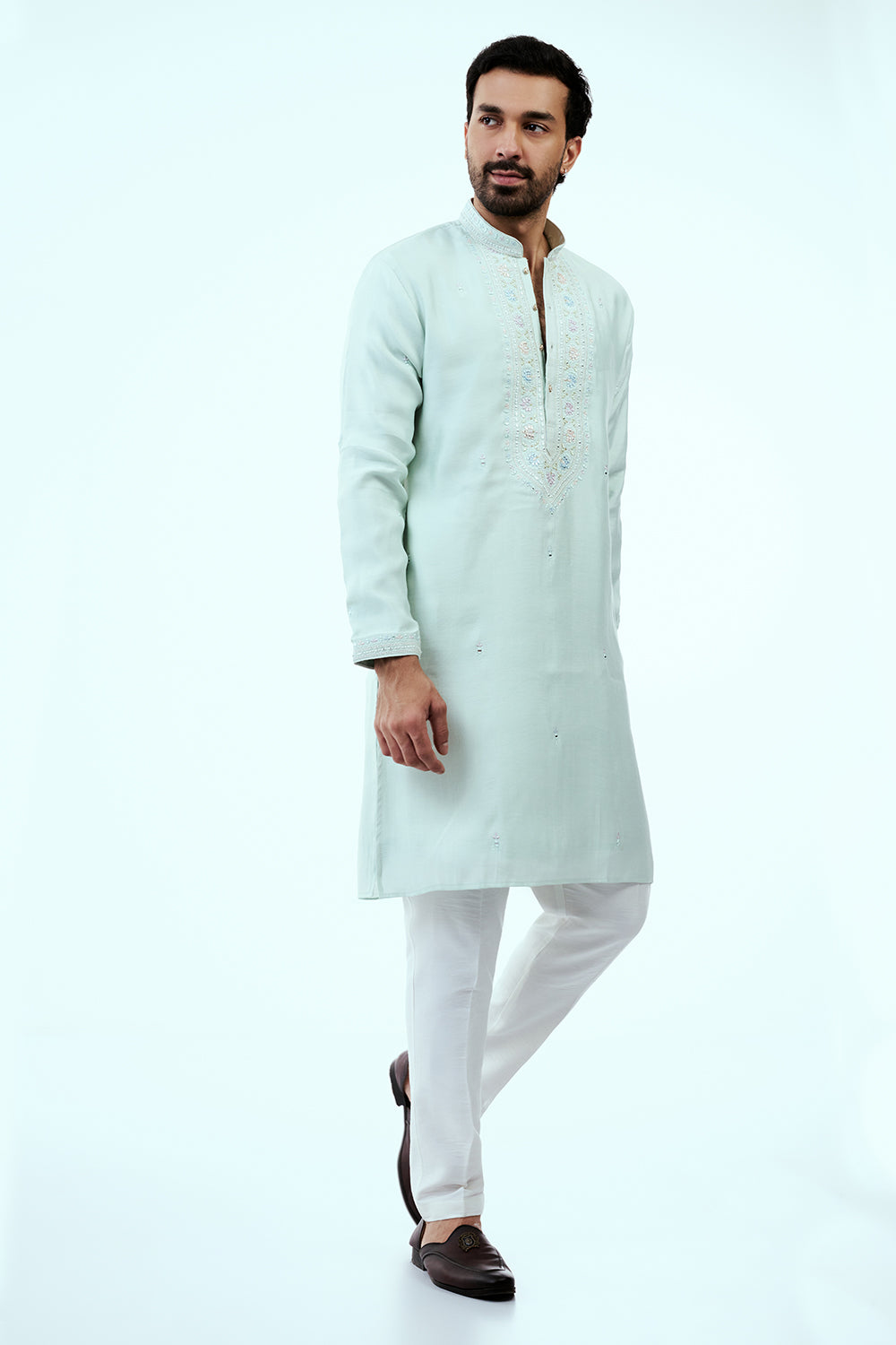 Mint Green Silk Mens Kurta Set with Mirror Work