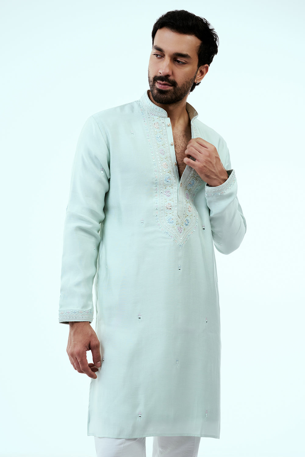 Mint Green Silk Mens Kurta Set with Mirror Work