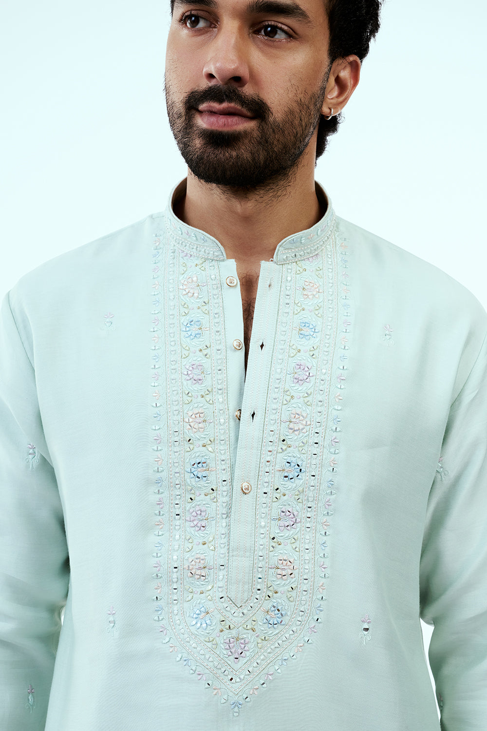Mint Green Silk Mens Kurta Set with Mirror Work
