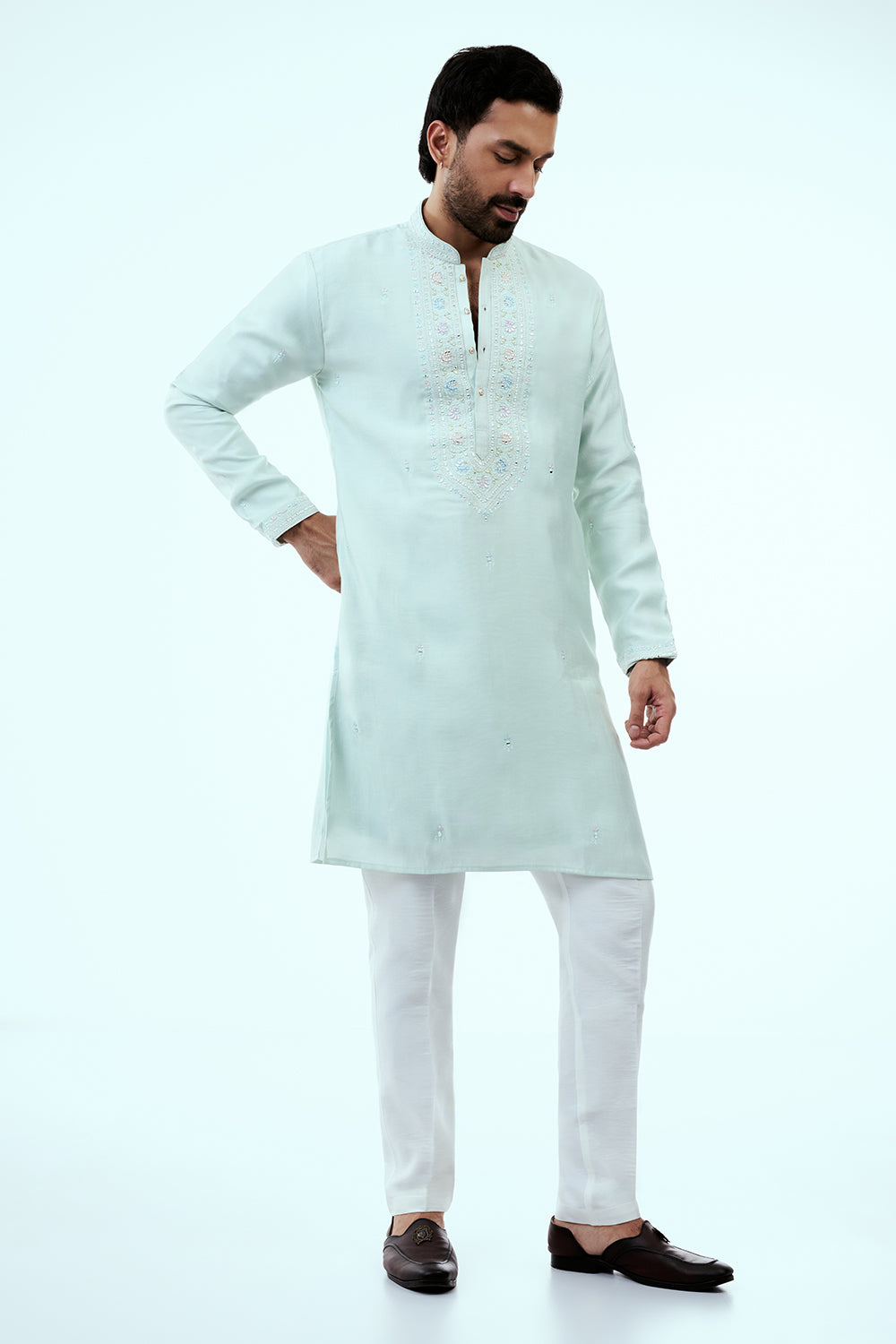 Mint Green Silk Mens Kurta Set with Mirror Work