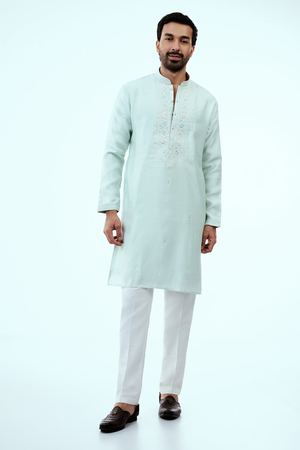 Mint Green Silk Mens Kurta Set with Mirror Work