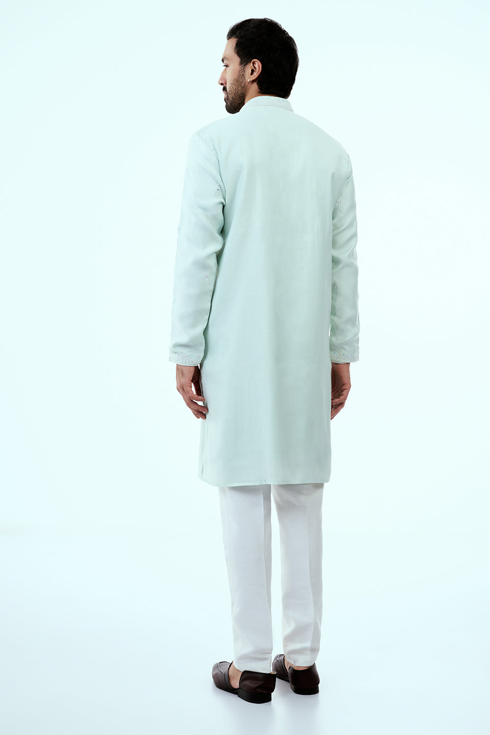 Mint Green Silk Mens Kurta Set with Mirror Work