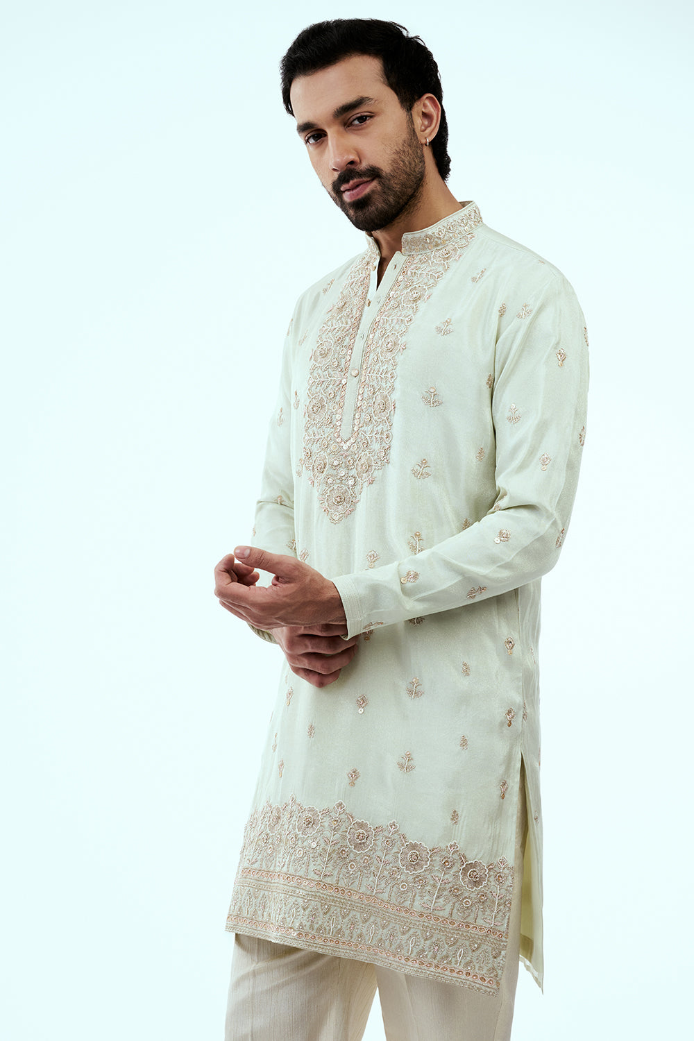 Mint Green Tissue Mens Kurta Set with Resham and Zari Work