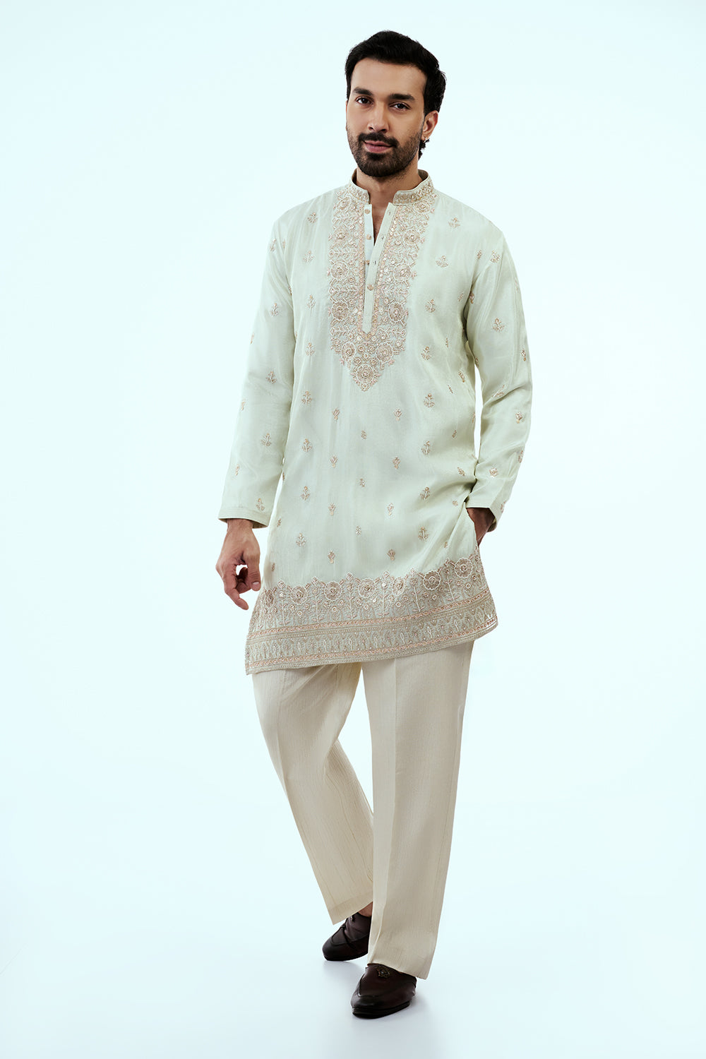 Mint Green Tissue Mens Kurta Set with Resham and Zari Work
