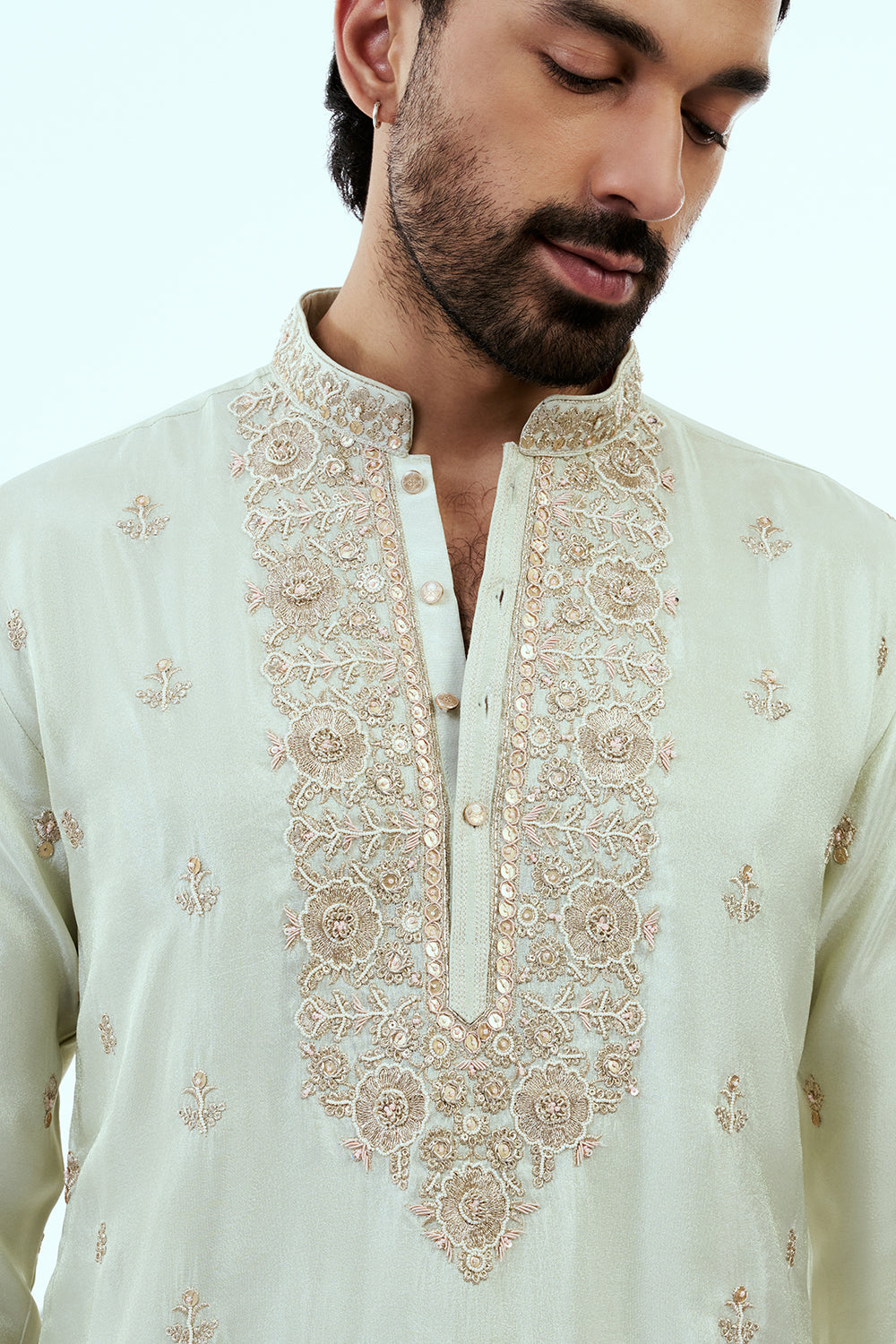Mint Green Tissue Mens Kurta Set with Resham and Zari Work