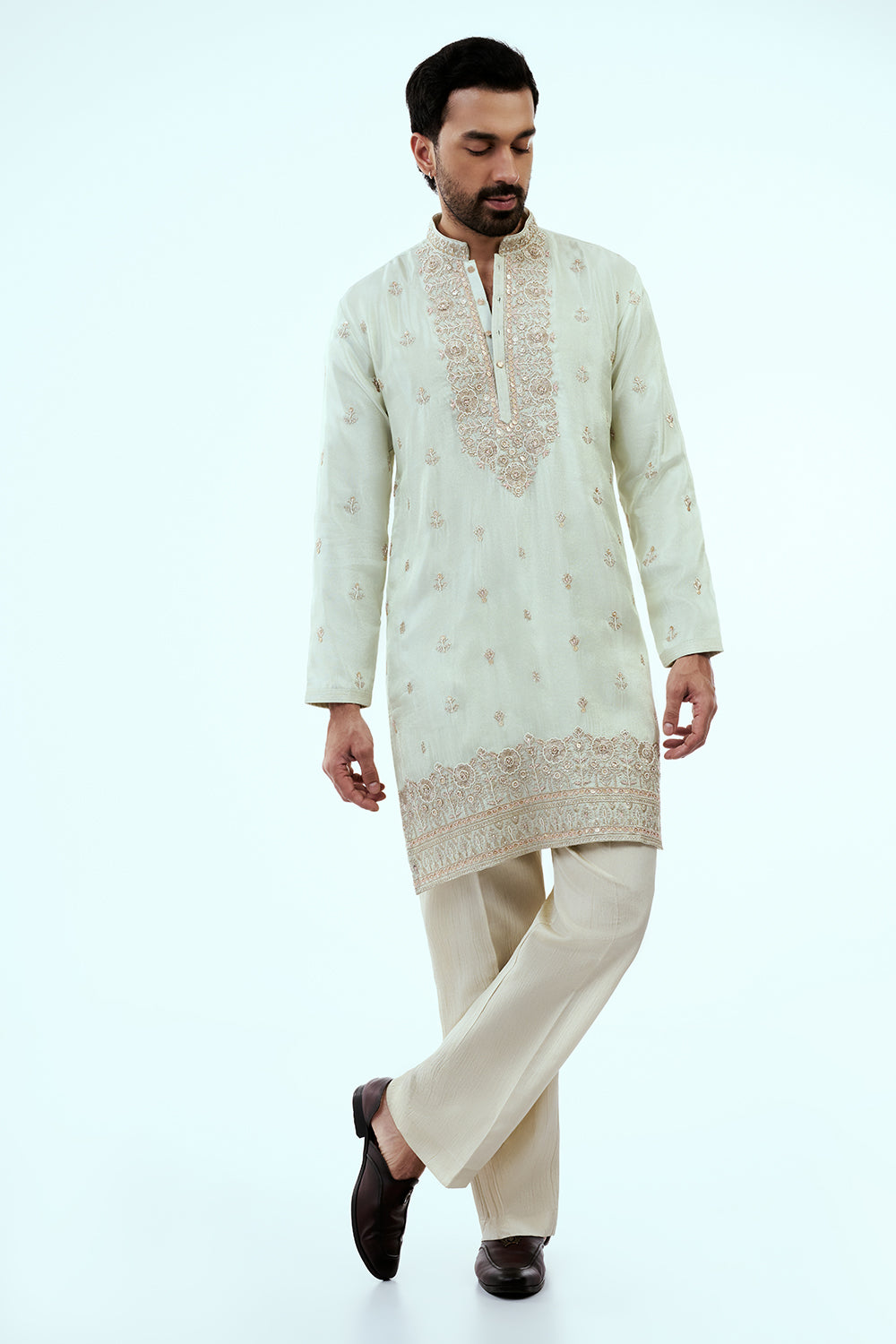 Mint Green Tissue Mens Kurta Set with Resham and Zari Work