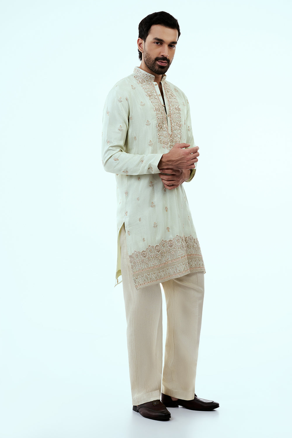 Mint Green Tissue Mens Kurta Set with Resham and Zari Work