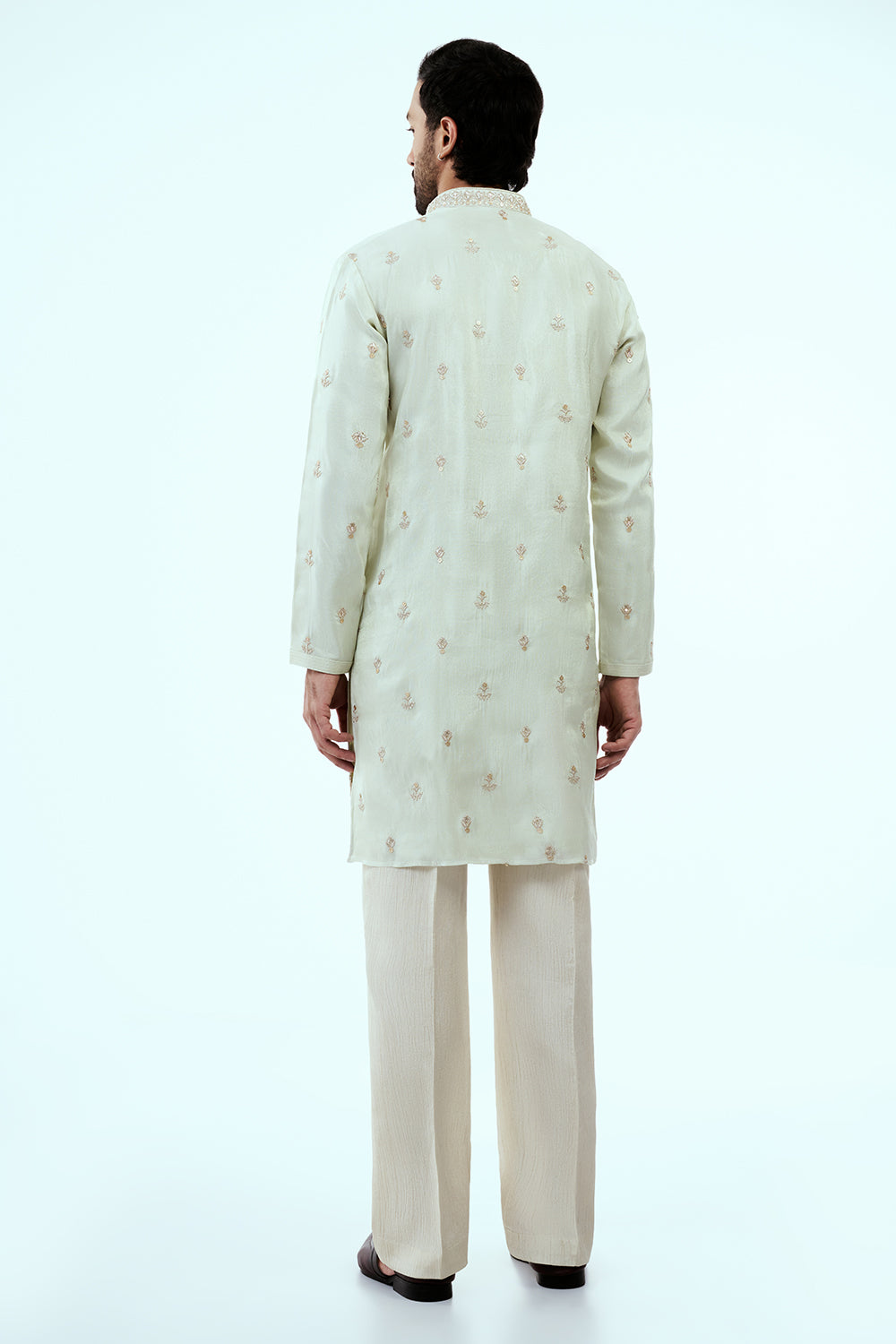 Mint Green Tissue Mens Kurta Set with Resham and Zari Work