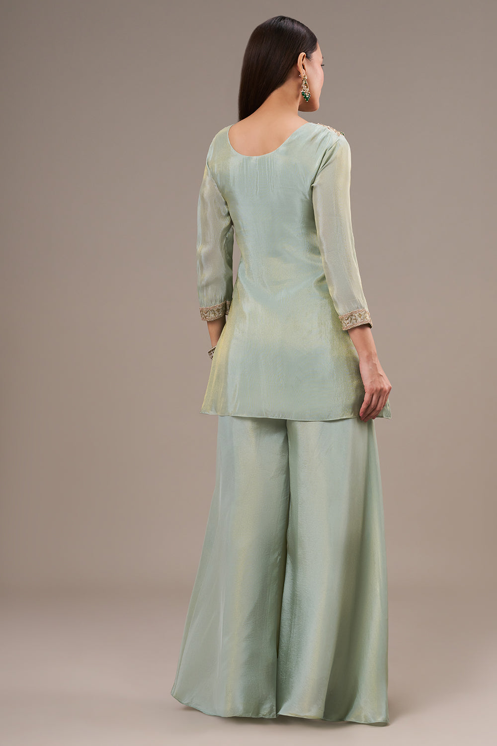Mint Green Tissue Palazzo Co ord Suit with Zardosi and Bead Work