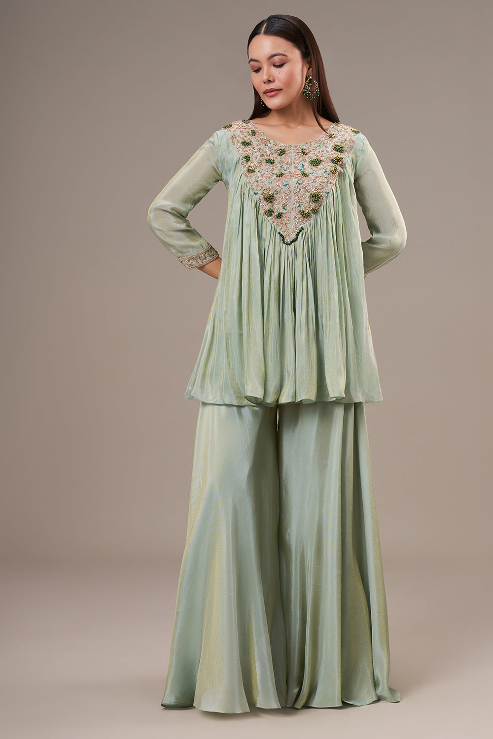 Mint Green Tissue Palazzo Co ord Suit with Zardosi and Bead Work