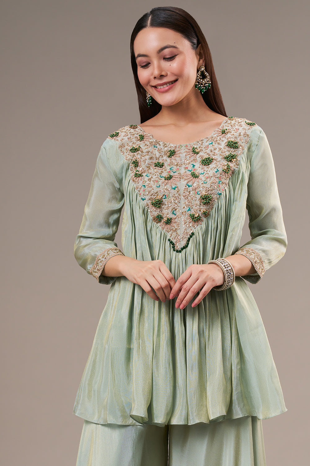 Mint Green Tissue Palazzo Co ord Suit with Zardosi and Bead Work