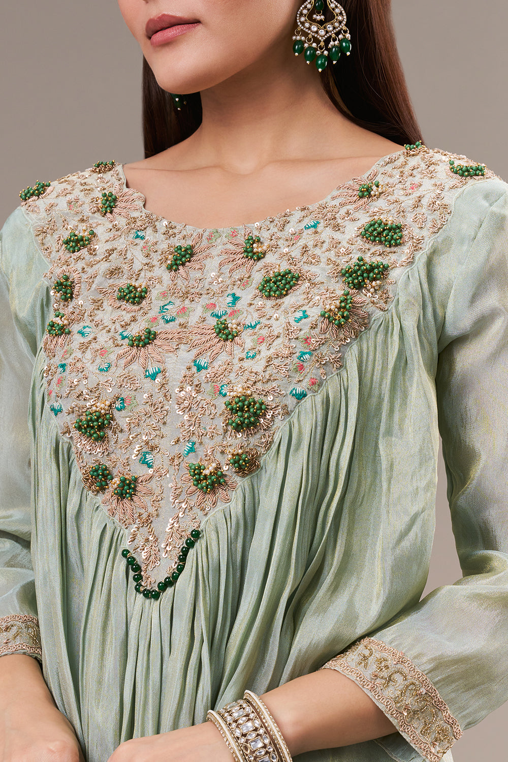 Mint Green Tissue Palazzo Co ord Suit with Zardosi and Bead Work